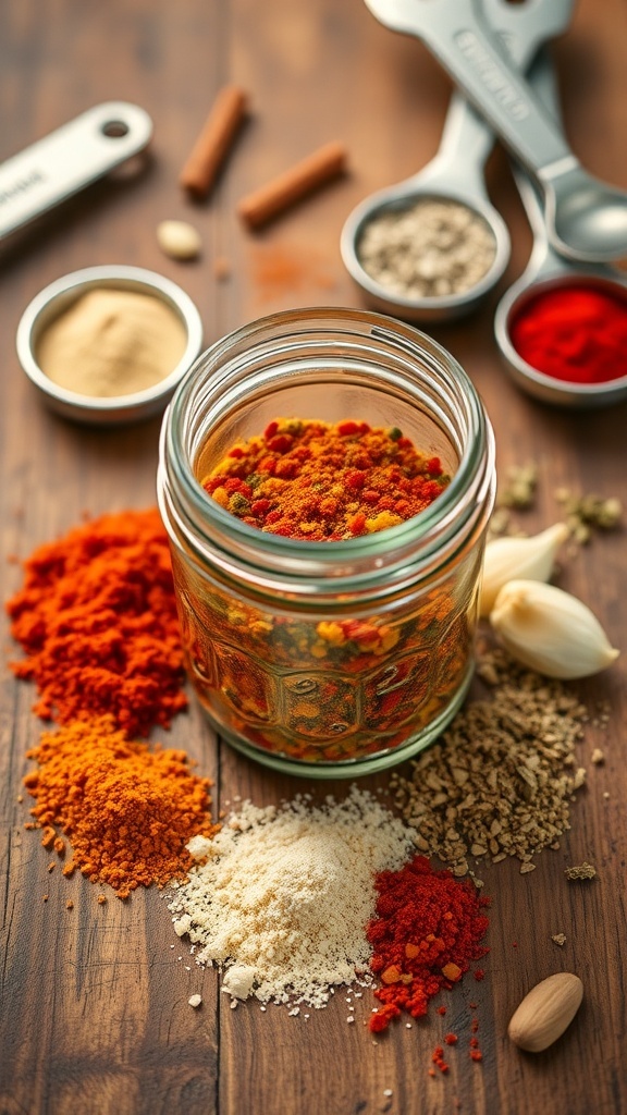 A jar of homemade spice blend with scattered spices on a wooden table.